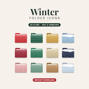 Puede incluir: Una colección digital de 80 iconos de carpeta de invierno para Mac y Windows, con doce diseños de carpetas en varios colores incluyendo rojo, verde, beige y azul, con patrones como cuadros, rayas y nieve, etiquetado Instant Download.