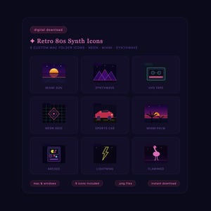 May include: A digital download graphic featuring nine retro 80s synth icons. The icons include a Miami sunset, synthwave mountains, a VHS tape, a neon grid, a sports car, a Miami palm tree, an arcade, a lightning bolt, and a flamingo. The text reads "Retro 80s Synth Icons."