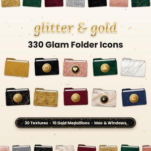 以下が含まれることがあります： glitter & gold 330 Glam Folder Iconsと題された330個のフォルダーアイコンのデジタルコレクション。グリッター、大理石、ベルベットなどの様々なテクスチャが特徴で、ハート、王冠、月などのシンボルが描かれた金色のメダルがアクセントになっています。