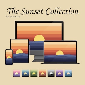 Puede incluir: La colección Sunset, que presenta un diseño de puesta de sol en varios dispositivos: un teléfono inteligente, una tableta, un monitor de computadora y una computadora portátil. El diseño de la puesta de sol incluye un sol amarillo, montañas azules y rayas naranjas y rojas. También se incluyen muestras de color.