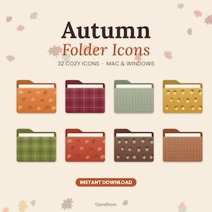 Peut inclure: Un ensemble numérique d'icônes de dossier d'automne comprenant 32 designs pour Mac et Windows. L'image présente huit icônes de dossier avec des motifs incluant des feuilles orange, du tartan rouge, du tricot vert, des glands jaunes et du tricot marron.
