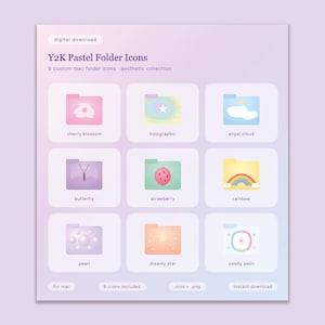 Puede incluir: Un gráfico de descarga digital con nueve iconos de carpeta de colores pastel con estética Y2K. Cada icono tiene un diseño único, incluyendo una flor de cerezo, una mariposa, una fresa, un arcoíris y una estrella de ensueño. El texto dice "Y2K Pastel Folder Icons" y "9 custom mac folder icons".