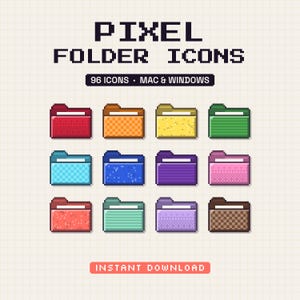 Puede incluir: Una colección digital de 96 iconos de carpetas en píxeles para Mac y Windows, con doce carpetas coloridas en rojo, naranja, amarillo, verde, azul, morado, rosa y marrón con varios patrones, sobre un fondo de cuadrícula con texto.