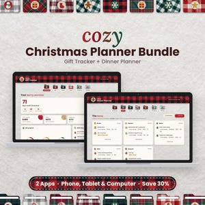 Puede incluir: Un paquete de planificador navideño digital que muestra una interfaz de seguimiento de regalos y planificación de cenas en dos pantallas de computadora. El diseño utiliza un patrón de cuadros rojos y negros con iconos navideños.