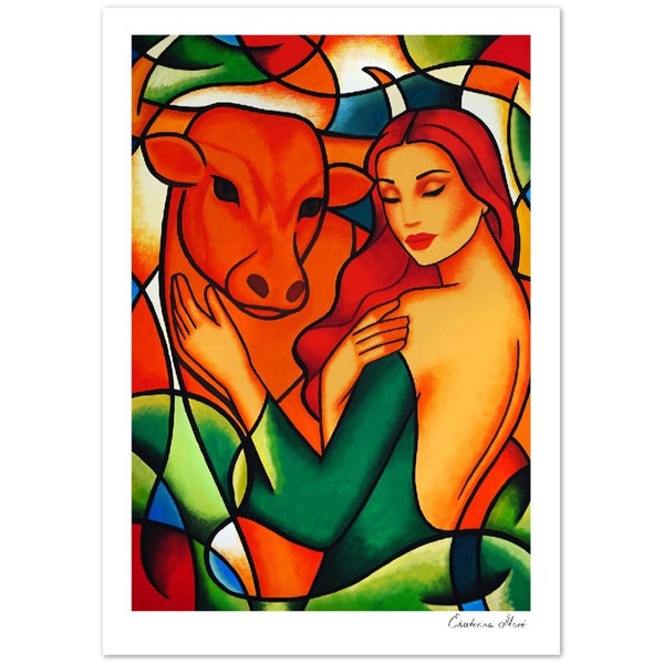 Sternzeichen "Stier" - kubistisches Motiv einer Frau im grünen Kleid mit rotem Stier - von Ekaterina Moré