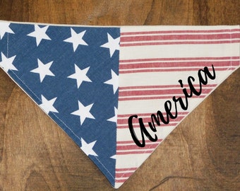 Dog Bandana- Personalized - 4th of July Dog Bandana Vintage Look Blue White Red Stripes American Flag Bandana USA  - Slides Over Collar