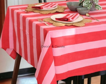 Red Stripe block print tablecloth rectangle, tablecloth cotton, tablecloth for dining table, handmade gifts, thanksgiving gift