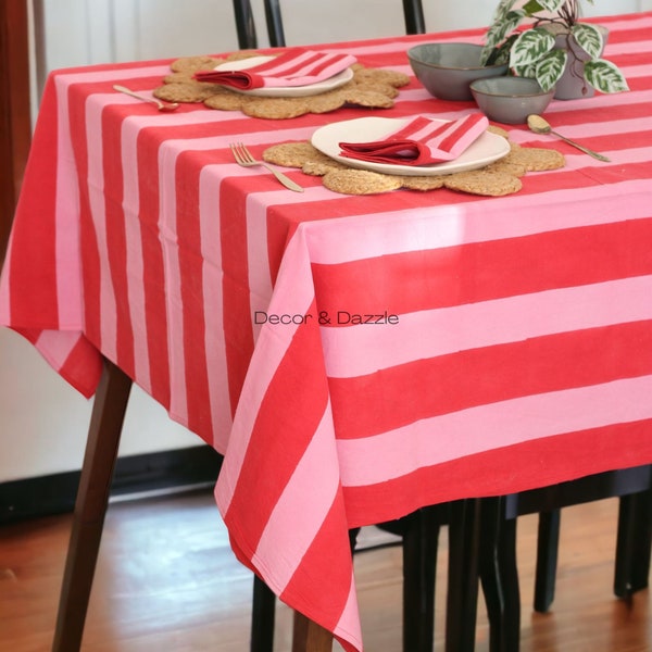 Red Stripe block print tablecloth rectangle, tablecloth cotton, tablecloth for dining table, handmade gifts, thanksgiving gift