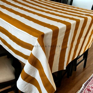 Golden Stripe block print tablecloth rectangle, tablecloth cotton, tablecloth for dining table, handmade gifts, thanksgiving gift