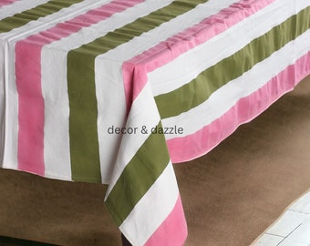 Green & Pink Stripe block print tablecloth rectangle, tablecloth cotton, tablecloth for dining table, handmade gifts, thanksgiving gift