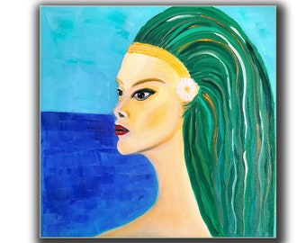 Portrait de femme peinture figuratif art original à l'huile paysage marin oeuvre île peinture huile sur toile 16 par 16"