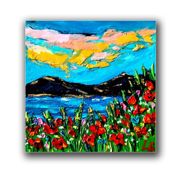 Floral Painting Impasto Original Art Seascape Painting Miniature Artwork Oil on Canvas Board 4 by 4" by Lina Balestie