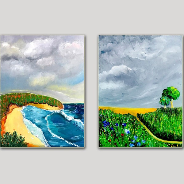Peintures de ciel nuageux, paysage de champ, paysage marin côtier, paire de peintures originales, huile sur planches de toile par Lina Balestie