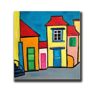 Original Ölgemälde: Bunte Dorfstraße Szene - 10x10 Zoll quadratische Leinwand Kunst