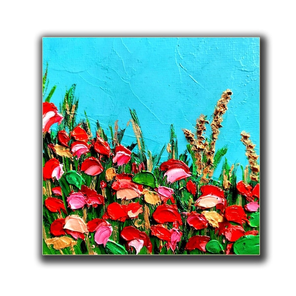 Blumenmalerei Impasto Original Art Blumenbild Miniatur Kunstwerk Öl auf Leinwand Bord 10 x 10 cm