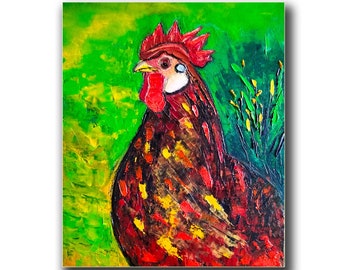 Rooster painting, bird original art, small artwork