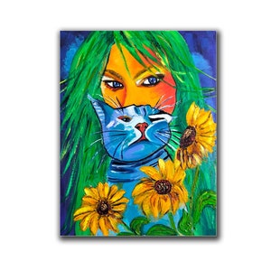 Portrait de peinture de chat, art original, art mural figuratif, oeuvre de tournesol
