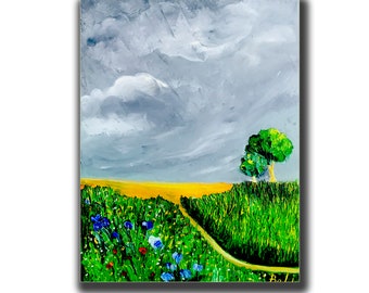 Nuage, peinture paysage, art original, prairie florale, petite oeuvre d'art, huile sur toile, panneau de 12 x 10 po.