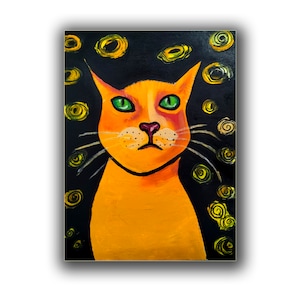 Portrait drôle de peinture de chat, petite peinture, petite peinture, oeuvre d'art Art déco, huile sur toile, 30,5 x 10 po. par Lina Balestie