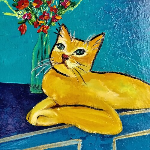 Cat Painting Animal Original shops Art Square Small Painting Oil On Canvas Board 10 by 10” by Lina Balestie