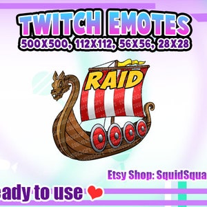 Könnte beinhalten: Eine Cartoon-Illustration eines roten und weißen Wikinger-Schiffs mit dem Wort "RAID" auf dem Segel. Das Schiff hat einen Drachenkopf am Bug und ist von einem hellblauen und violetten Hintergrund umgeben. Der Text "TWITCH EMOTES" befindet sich oben im Bild, und der Text "Etsy Shop: SquidSquadArt" befindet sich unten im Bild.