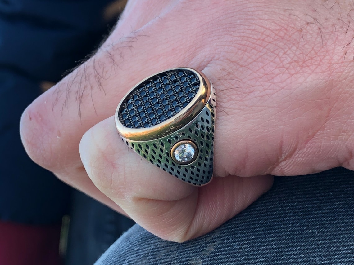 Mens Mother Of Pearl Ring 925 Sterling Silver Black Etsy