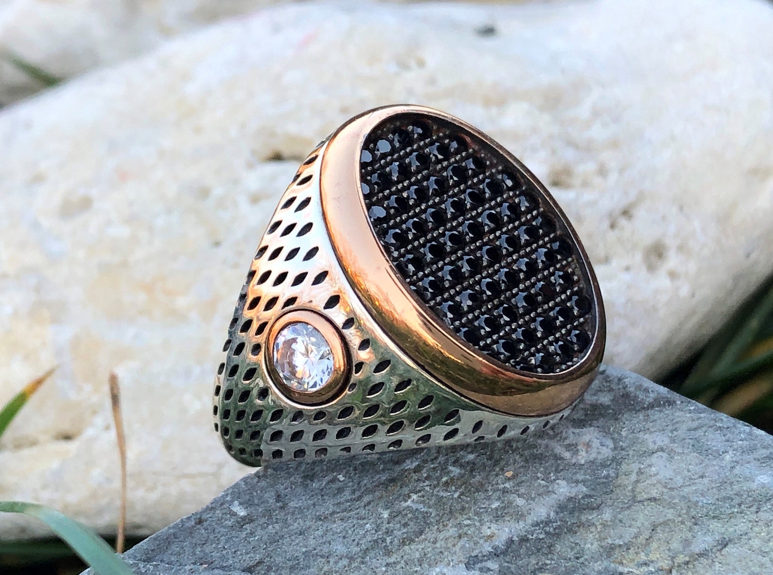 Mens Mother Of Pearl Ring 925 Sterling Silver Black Etsy