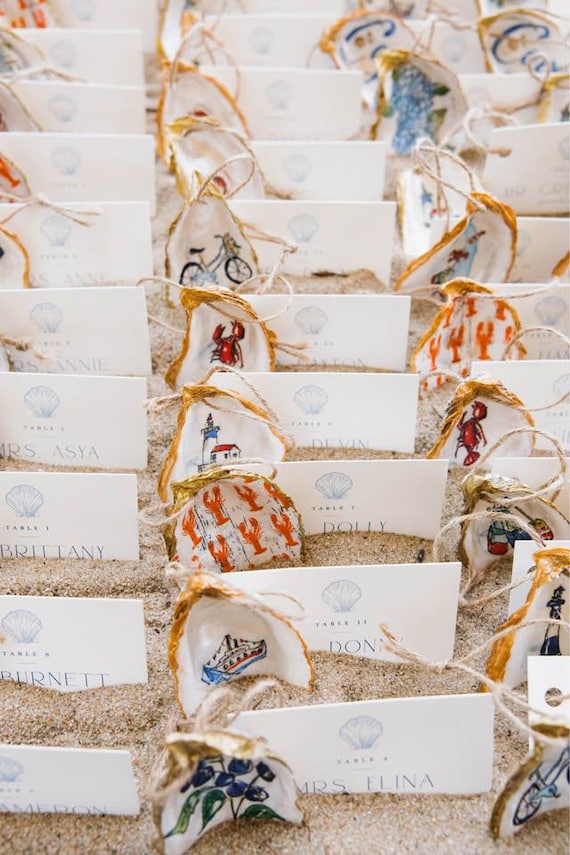 Custom Painted Oyster Shells | Coastal Wedding Favors, Place Cards, Ornaments