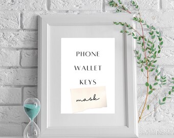 May include: White framed print with the words "PHONE", "WALLET", "KEYS", and "mask" written in black. The word "mask" is written on a torn piece of paper.