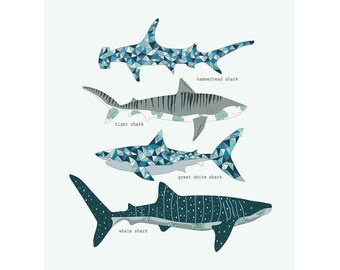 May include: An illustration featuring four shark species: hammerhead, tiger, great white, and whale shark. The hammerhead and great white sharks are depicted with geometric patterns in shades of blue. The tiger shark has gray stripes, and the whale shark is dark blue with white spots.