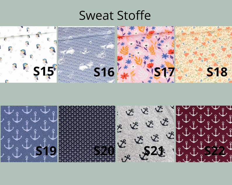 May include: A grid of eight fabric swatches labeled Sweat Stoffe, featuring patterns of birds, whales, flowers, hearts, and anchors in various colors including white, blue, pink, yellow, grey, and maroon, with labels S15 through S22.