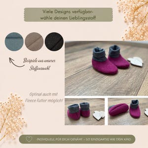 Könnte beinhalten: Ein Paar magentafarbene Filzschuhe mit grauen Bündchen. Das Bild enthält deutschen Text, drei kreisförmige Stoffmuster in Blau, Beige und Schwarz sowie kleine weiße herzförmige Dekorationen. Die Schuhe sind aus verschiedenen Winkeln zu sehen.