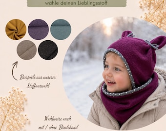 Set of wool ear hats with loop / baby hat / tie hat, head circumference 34-58 cm. Cozy warm winter and autumn hat for babies and children.