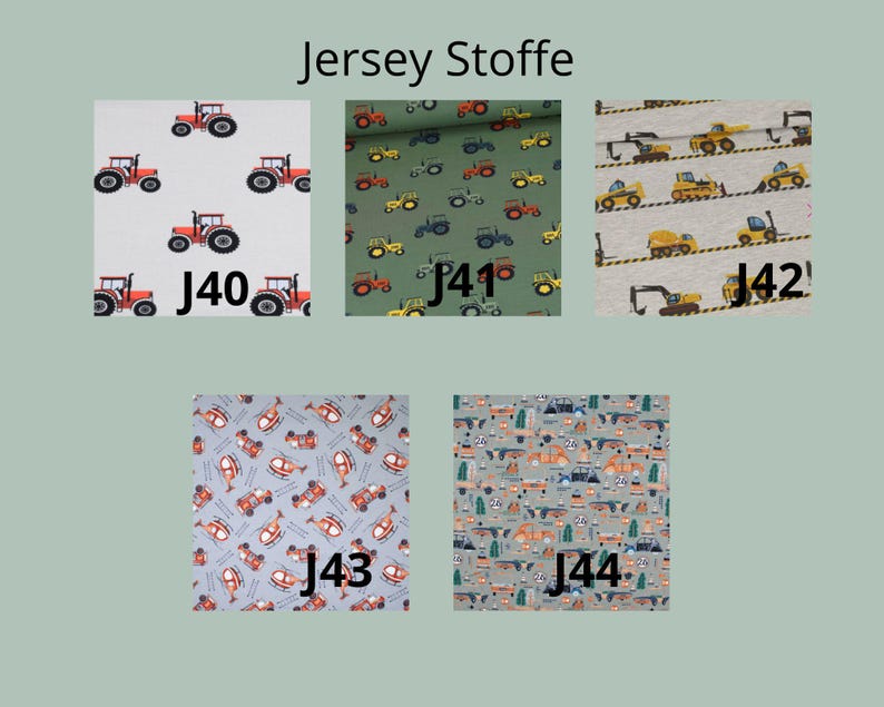 May include: Five swatches of jersey fabric labeled J40 through J44. J40 features red tractors on white. J41 shows tractors on olive green. J42 displays yellow construction vehicles on light gray. J43 has helicopters on blue. J44 shows cars on gray.