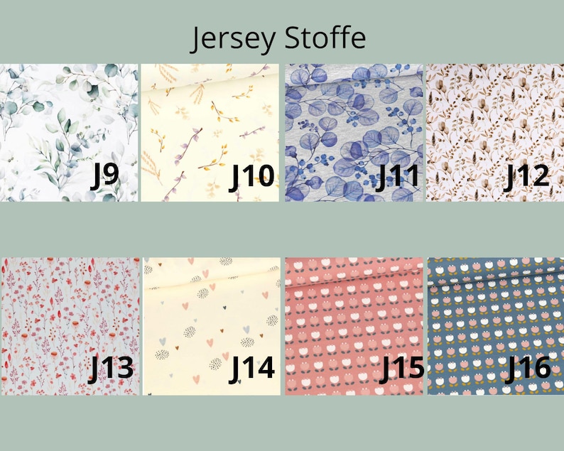 May include: A collection of eight jersey fabric swatches labeled J9 through J16 under the heading Jersey Stoffe. The patterns include eucalyptus leaves, small sprigs, blue foliage, brown botanical prints, red wildflowers, hearts, and tulips.