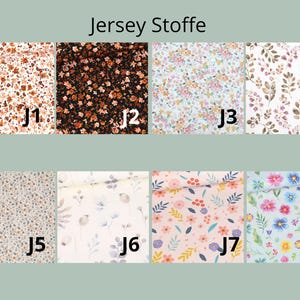 May include: A collection of eight jersey fabric swatches labeled J1 through J8, featuring various floral and botanical patterns in colors including white, black, pink, blue, and brown. The text Jersey Stoffe is centered at the top.