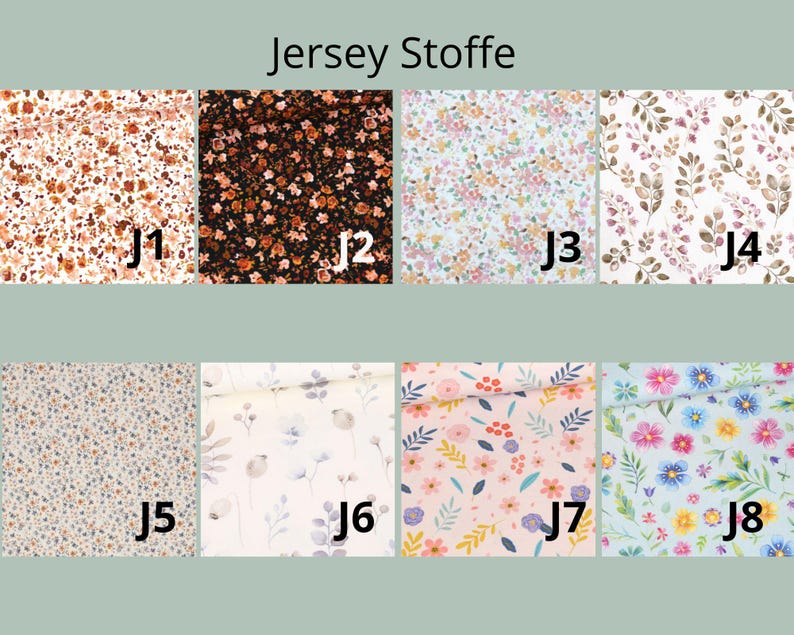 May include: A collection of eight jersey fabric swatches labeled J1 through J8, featuring various floral and botanical patterns in colors including white, black, pink, blue, and brown. The text Jersey Stoffe is centered at the top.