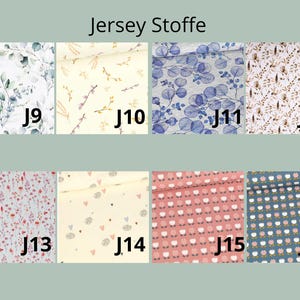 May include: A collection of eight jersey fabric swatches labeled J9 through J16 under the heading Jersey Stoffe. The patterns include eucalyptus leaves, small sprigs, blue foliage, brown botanical prints, red wildflowers, hearts, and tulips.