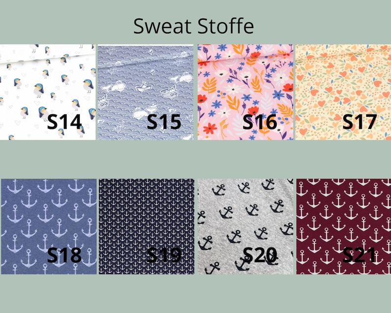K&ouml;nnte beinhalten: Ein Raster aus acht Stoffmustern mit der Beschriftung Sweat Stoffe und den Codes S14 bis S21. Die Muster zeigen V&ouml;gel, Wale, Blumen, Herzen und Anker in verschiedenen Farben wie Blau, Rosa, Gelb, Grau und Dunkelrot auf unterschiedlichen Hintergr&uuml;nden.
