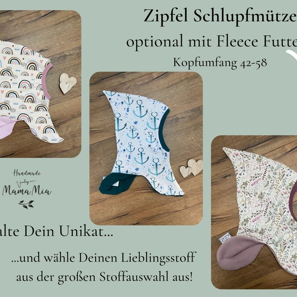 Zipfel Schlupfmütze Zwergenmütze Doppellagig aus Jersey optional mit Baumwoll Fleece gefüttert Handmade Wunschstoff und Wunschgröße