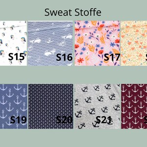 May include: A grid of eight fabric swatches labeled Sweat Stoffe, featuring patterns of birds, whales, flowers, hearts, and anchors in various colors including white, blue, pink, yellow, grey, and maroon, with labels S15 through S22.
