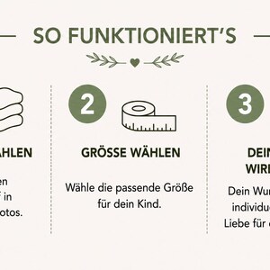 May include: An instructional graphic titled SO FUNKTIONIERT'S with three steps. Step 1 shows a stack of fabric with STOFF AUSW&Auml;HLEN. Step 2 shows a measuring tape with GR&Ouml;SSE W&Auml;HLEN. Step 3 shows a sewing machine with DEIN ARTIKEL WIRD GEN&Auml;HT.