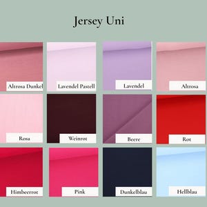 May include: A grid of twelve solid-colored jersey fabric swatches labeled Jersey Uni. Colors include dark dusty rose, pastel lavender, lavender, dusty rose, light pink, wine red, berry, red, raspberry red, bright pink, dark blue, and light blue.