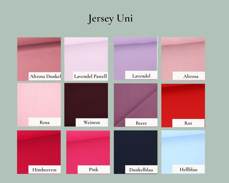 May include: A grid of twelve solid-colored jersey fabric swatches labeled Jersey Uni. Colors include dark dusty rose, pastel lavender, lavender, dusty rose, light pink, wine red, berry, red, raspberry red, bright pink, dark blue, and light blue.