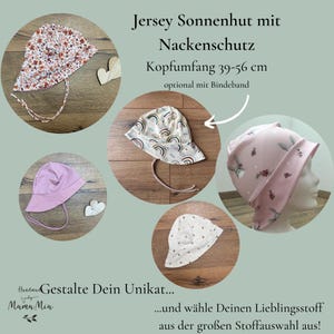 Baby / Kinder Sonnenhut / Sommermütze mit Nackenschutz aus Jersey KU 39-56 Unisex Sonnenschutz mit Großer Stoffauswahl mit/ohne Bindeband