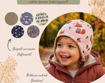 Fleece hat with ear flaps, head circumference 34-56 cm, with/without ties, children's hat/baby hat/tie hat, lined autumn/winter hat