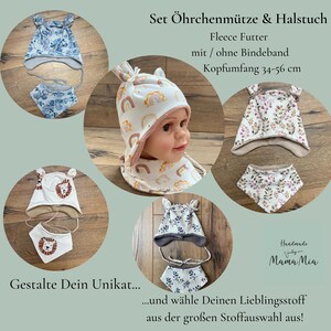 May include: A set consisting of a fleece-lined earflap hat and a triangular neckerchief, available in various patterns including rainbows, leaves, and lions. The text reads Set &Ouml;hrchenm&uuml;tze & Halstuch, Fleece Futter, mit / ohne Bindeband, Kopfumfang 34-56 cm.