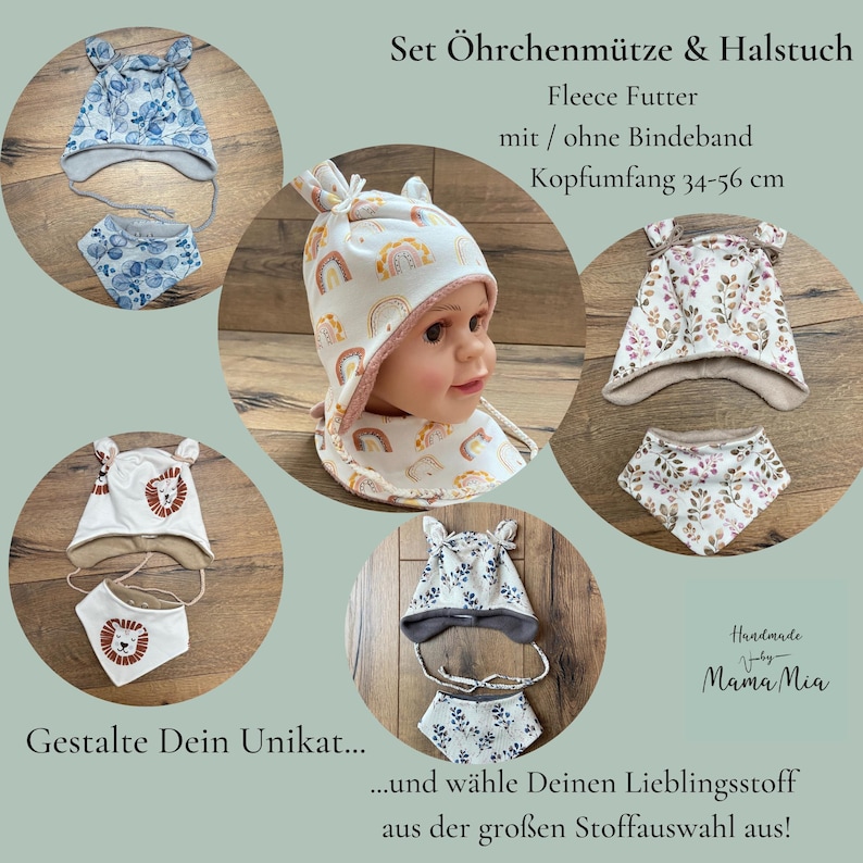 May include: A set consisting of a fleece-lined earflap hat and a triangular neckerchief, available in various patterns including rainbows, leaves, and lions. The text reads Set &Ouml;hrchenm&uuml;tze & Halstuch, Fleece Futter, mit / ohne Bindeband, Kopfumfang 34-56 cm.