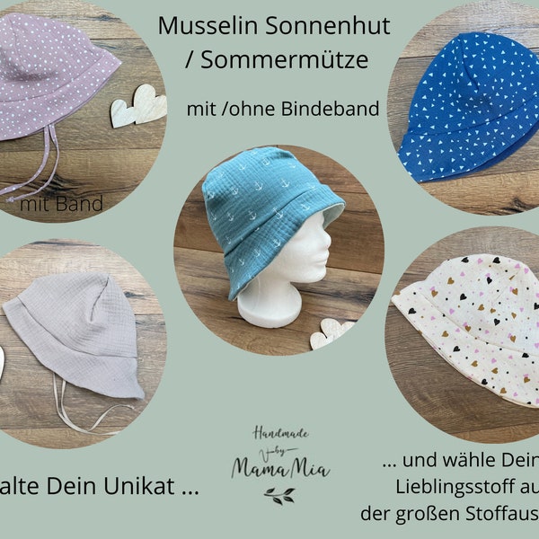 Baby / Kinder Sonnenhut / Sommermütze mit Nackenschutz und wahlweise Band aus Musselin KU 39-56 Unisex Sonnenschutz