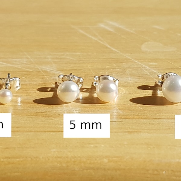 1 pair genuine white pearl ear studs, 925 silver, button, different sizes 3 mm 5 mm 6 mm